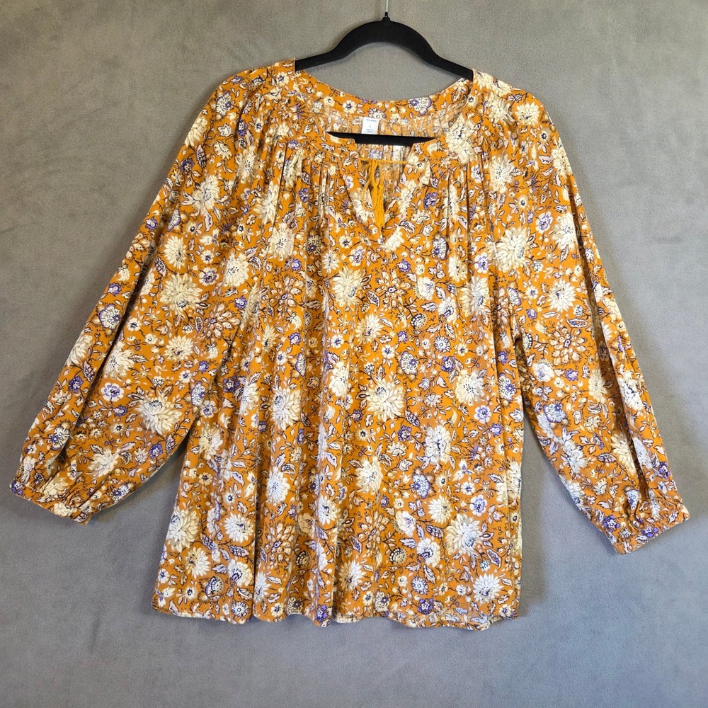 Old Navy Floral Peasant Top Women's Large Boho Peasant Cottage Prairie Tassle